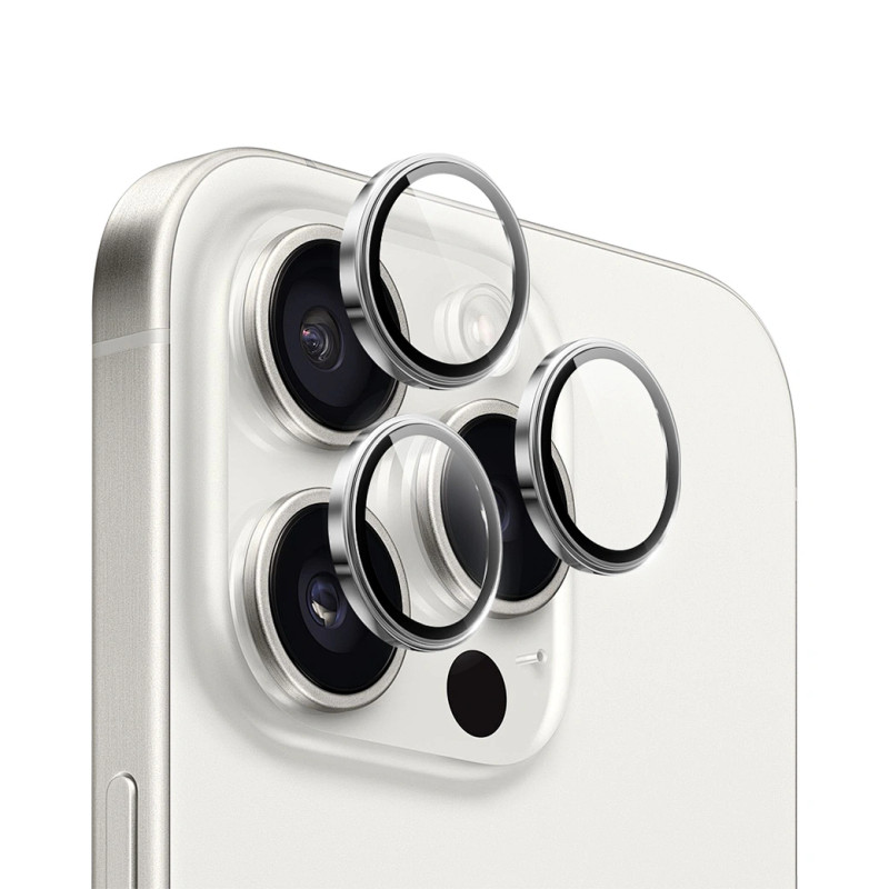 WIWU LG-005 Set For iPhone 15 Pro Max 6.7 3D Tempered Glass+Aluminum Alloy Frame Phone Lens Film Protector - White Titanium | LG-005-WT