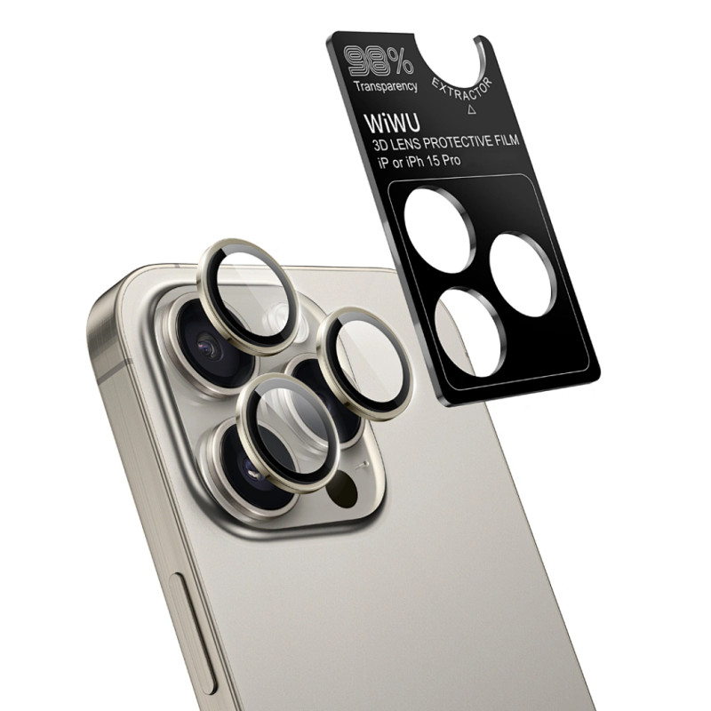 WIWU LG-005 Set For iPhone 15 Pro Max 6.7 3D Tempered Glass+Aluminum Alloy Frame Phone Lens Film Protector - Natural Titanium | LG-005-NT