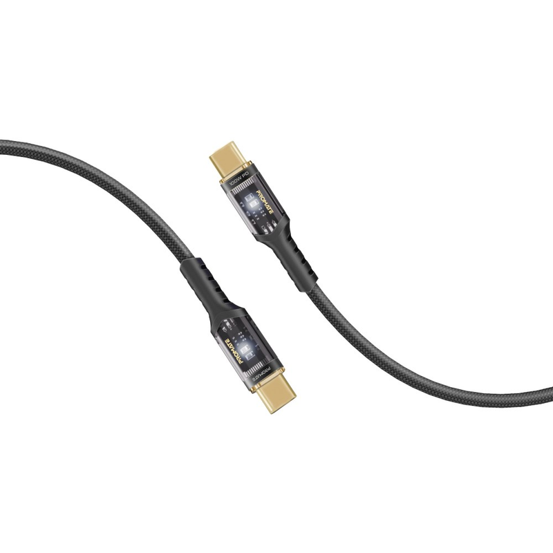 Promate High Tensile Transparent 100W Power Delivery USB-C Cable with LED Light | LUCIDLINE-CC200.BLACK