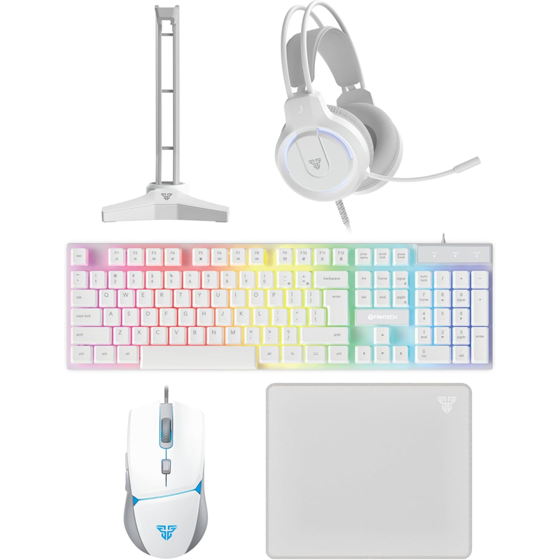 Fantech P51 5 in 1 White Power Bundle : Flash HQ53 Headset, Tower II AC304 Headset Stand, Shikari K515 Gaming Keyboard, Vigil MP356 Mousepad, Crypto VX7 Gaming Mouse