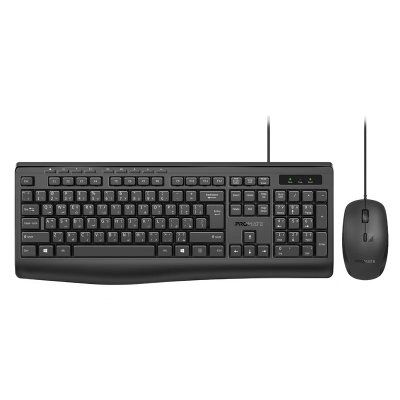 Promate ErgoComfort Wired Keyboard with Media Keys and 2400 DPI Mouse, Black/Arabic/English | Combo-CM4