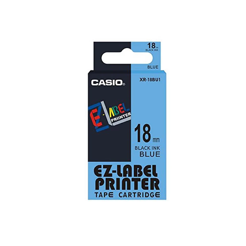 Casio XR-18BU1 — 18mm Black on Blue Label Tape Cassette — 8m | For Casio KL Series Label Printers