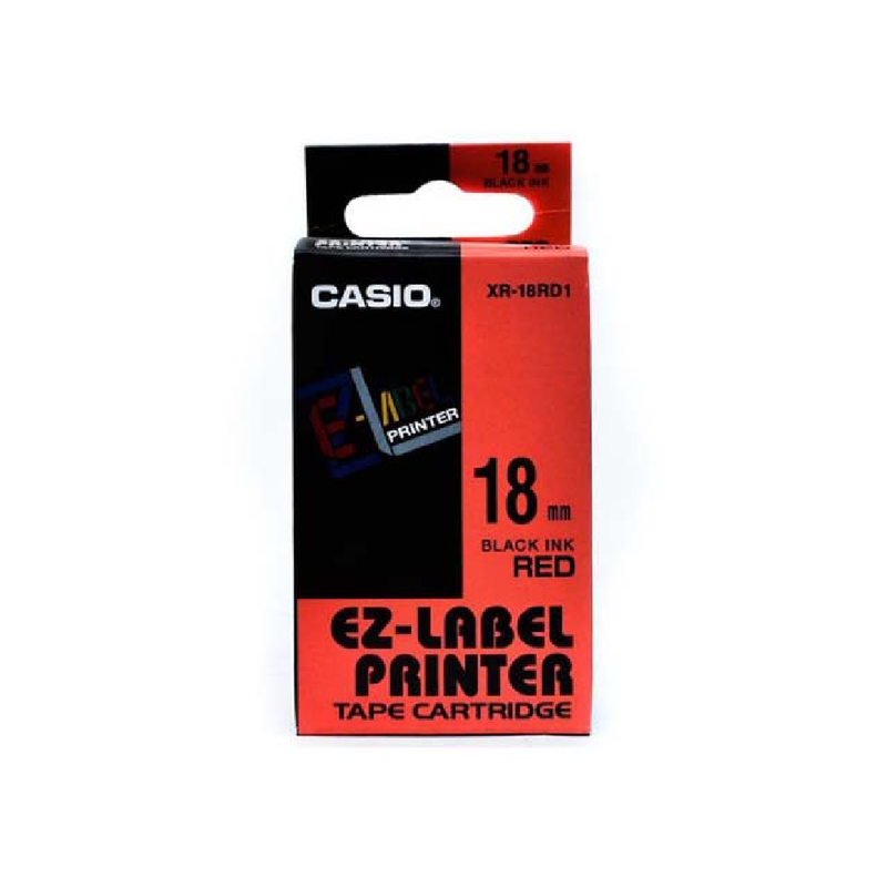 Casio XR-18RD1 — 18mm Black on Red Label Tape Cassette — 8m | For Casio KL Series Label Printers