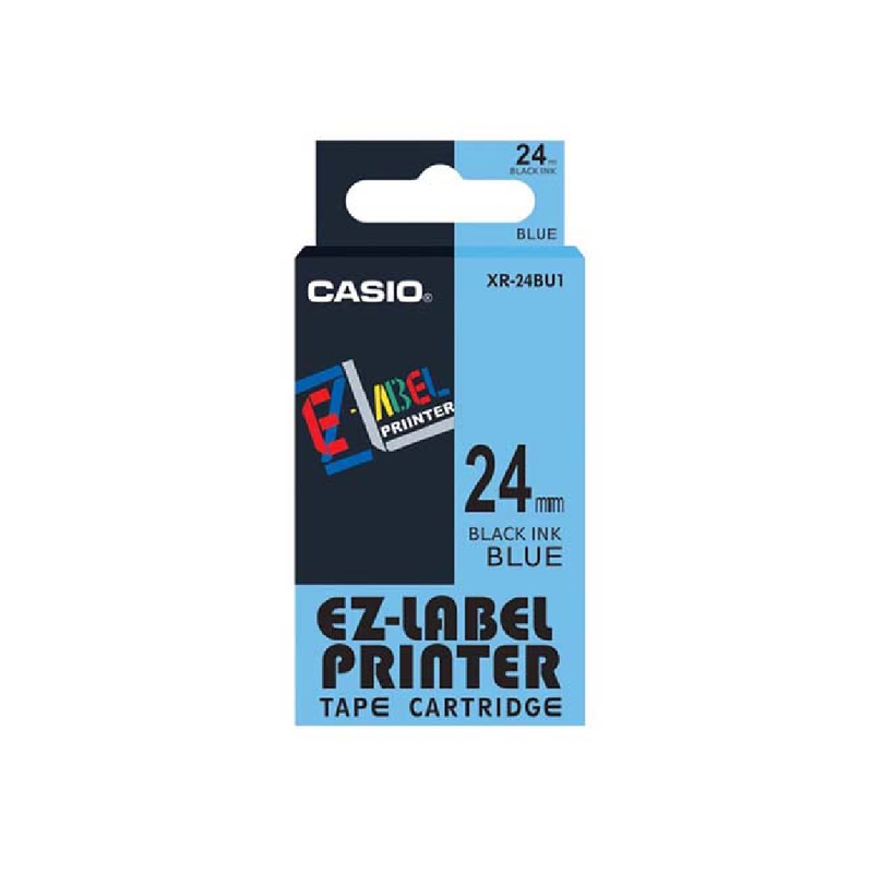 Casio XR-24BU1 — 24mm Black on Blue Label Tape Cassette — 8m | For Casio KL Series Label Printers