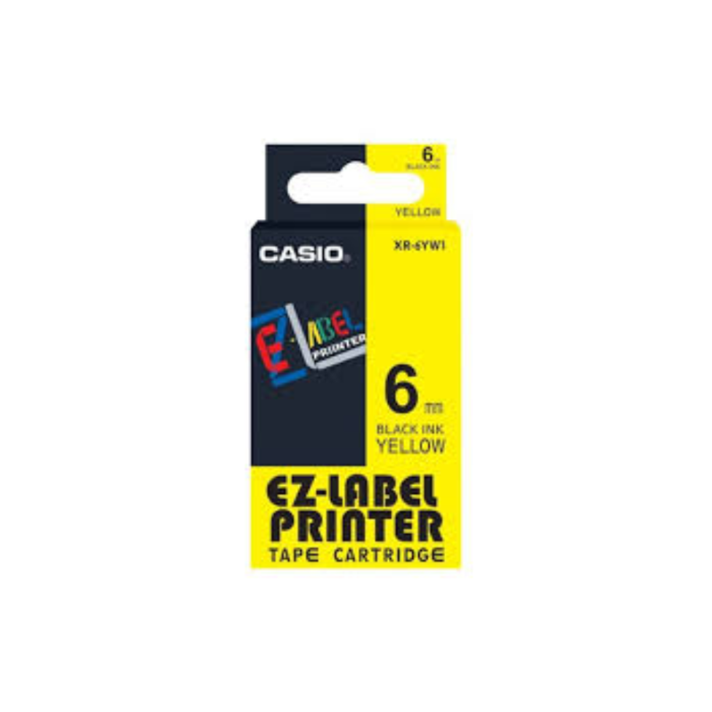 Casio XR-6YW1 — 6mm Black on Yellow Label Tape Cassette — 8m | For Casio KL Series Label Printers