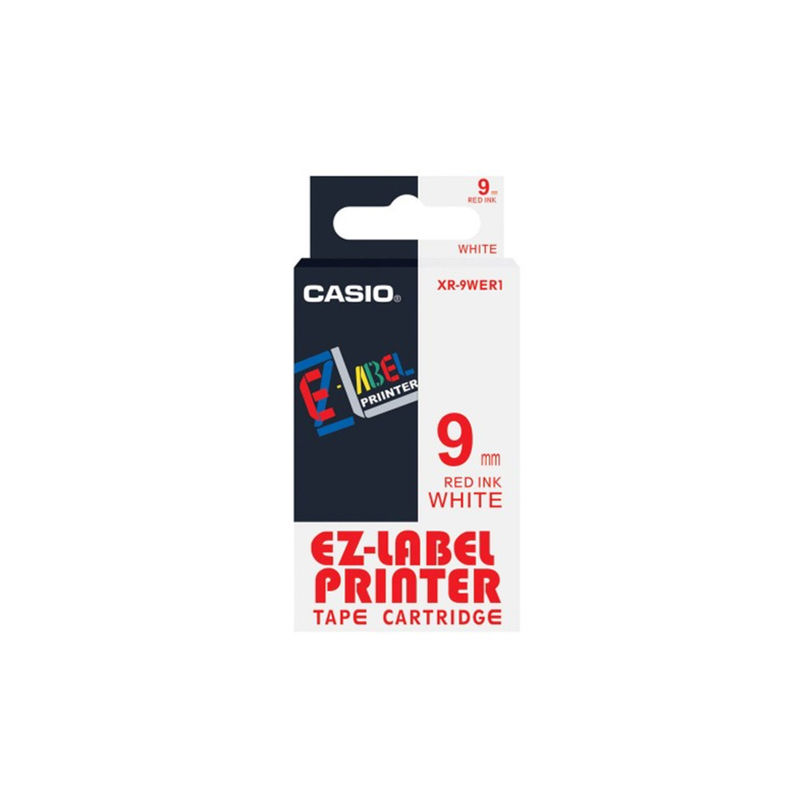 Casio XR-9WER1 — 9mm Red on White Label Tape Cassette — 8m | For Casio KL Series Label Printers