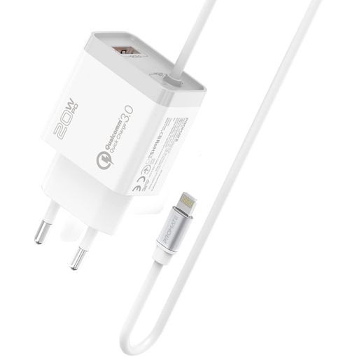 Promate Wall Charging Adapter with Lightning Cable - White | ICHARGE-PDQC3.EU-WT