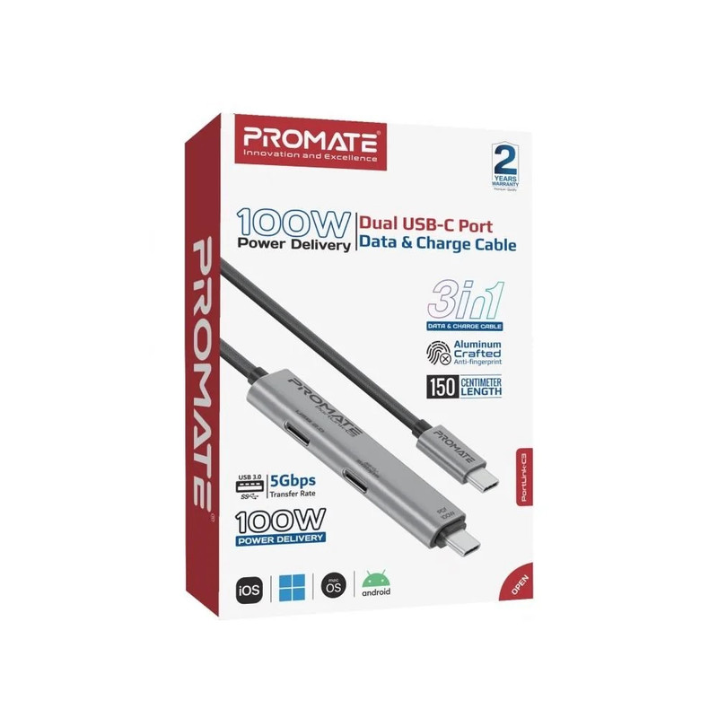 Promate Dual USB-C Port Data & Charge Cable 100W Power Delivery – Grey | PORTLINK-C3