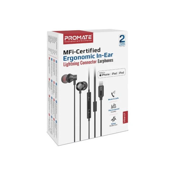 Promate Ergonomic In-Ear Earphones Lightning Connector - Black | VIBE-LT