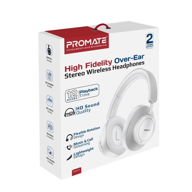 Promate Wireless Headphone BT with Microphone Over-Ear High Fidelity - White | TAKT