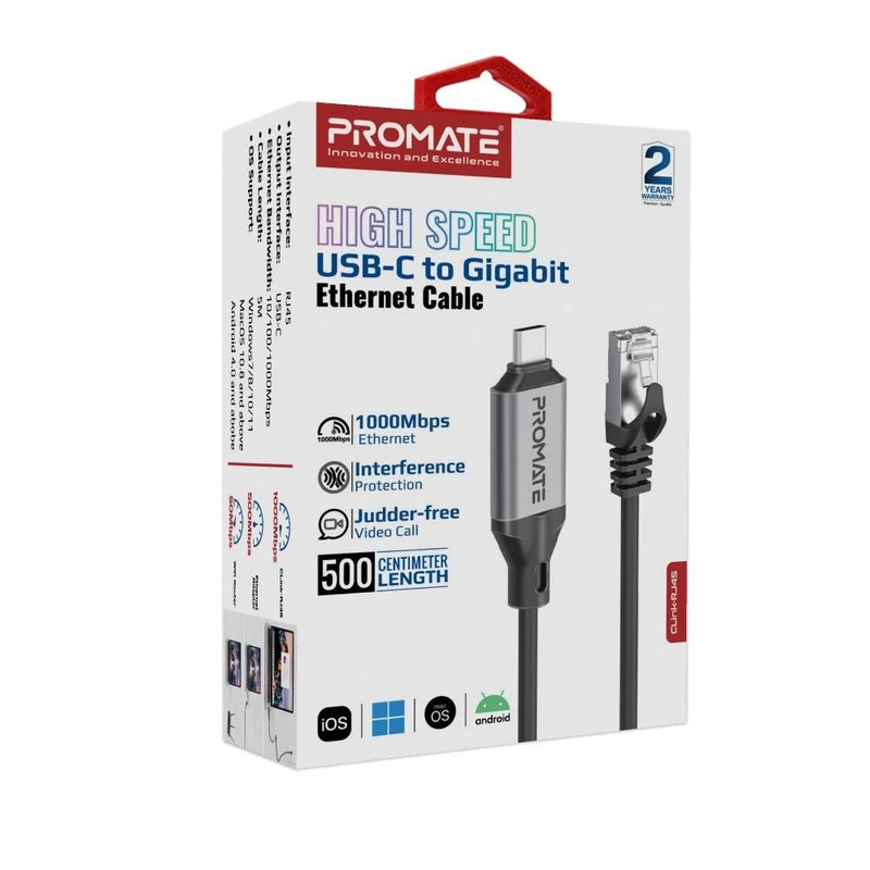 Promate USB-C to Gigabit Ethernet Cable – Black | CLINK-RJ45