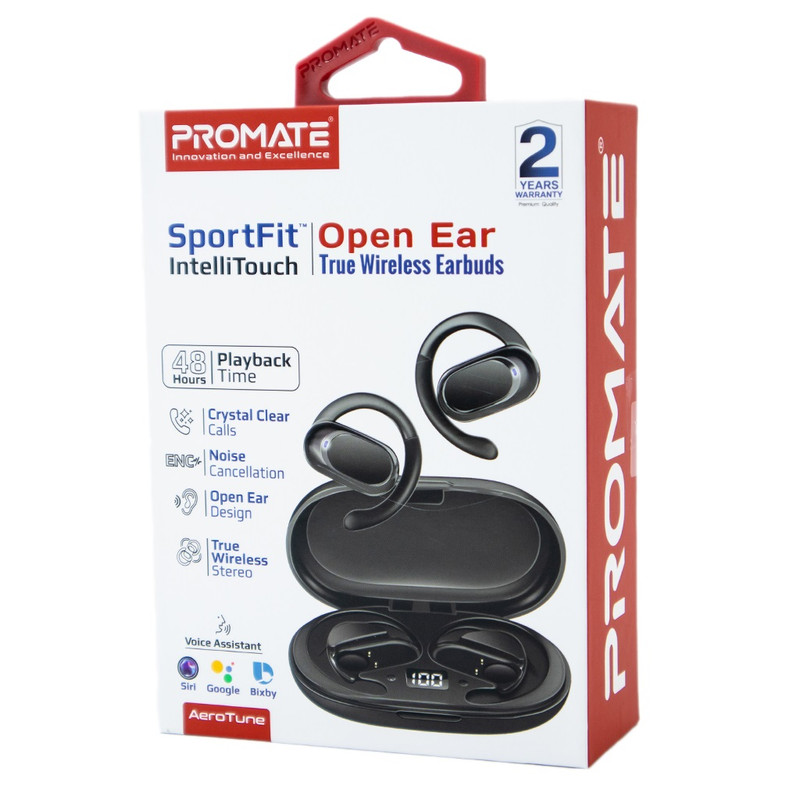 Promate Wireless Earbuds BT with Charging Case SportFit - Black | AEROTUNE