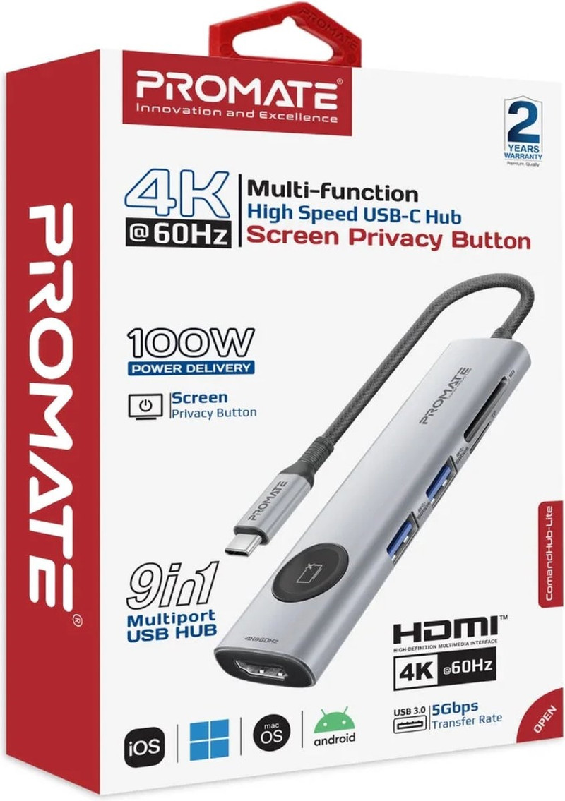 Promate Multi-Function USB-C Hub High Speed 4K 60Hz with Screen Privacy Button - Grey | COMANDHUB-LITE