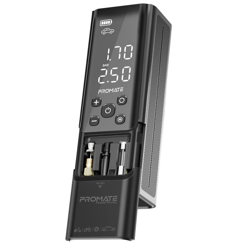 Promate Portable Air Compressor Power Bank with LED Flashlight - Black | POWERPUMP