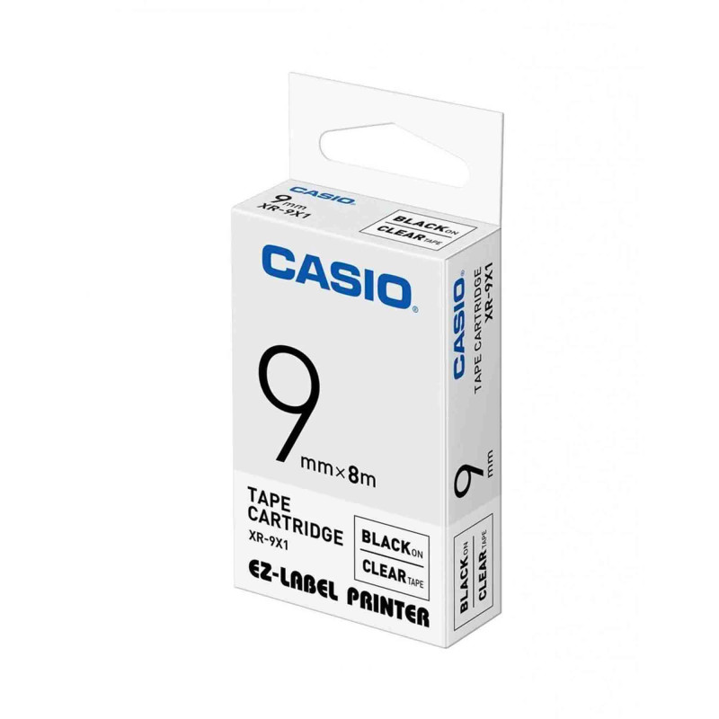 Casio XR-9X1 — 9mm Black on Clear Label Tape Cassette — 8m | For Casio KL Series Label Printers