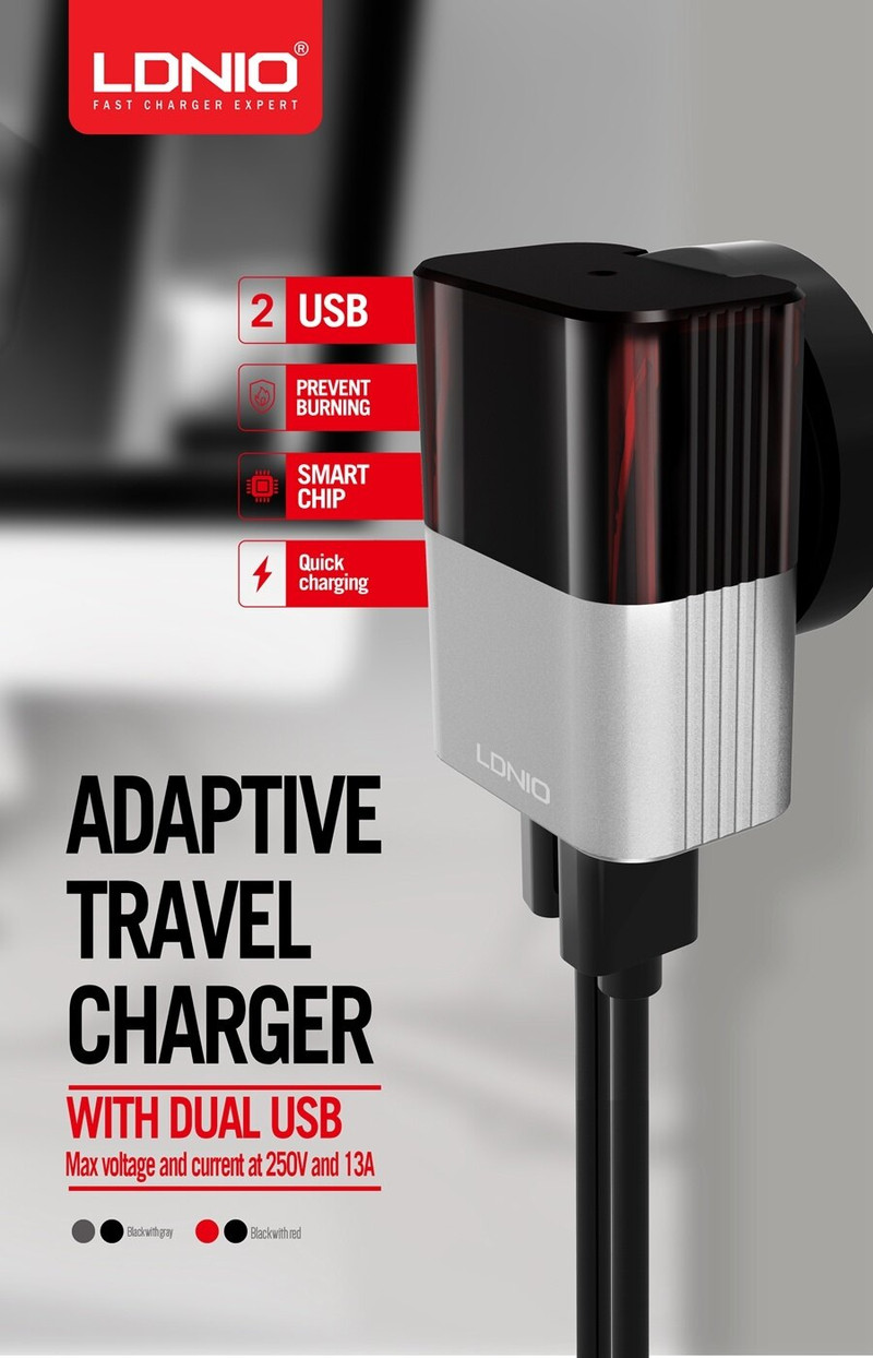 LDNIO A2206 Adaptive Travel Charger 2 USB Port AUTO-ID Charger 2.4A, Smart chip , Prevent Burning , Quick Charging