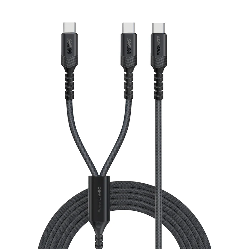 Promate 140W High-Speed Fabric Braided USB-C to Dual USB-C Charging Cable - Black | PowerLink-3C.BLACK