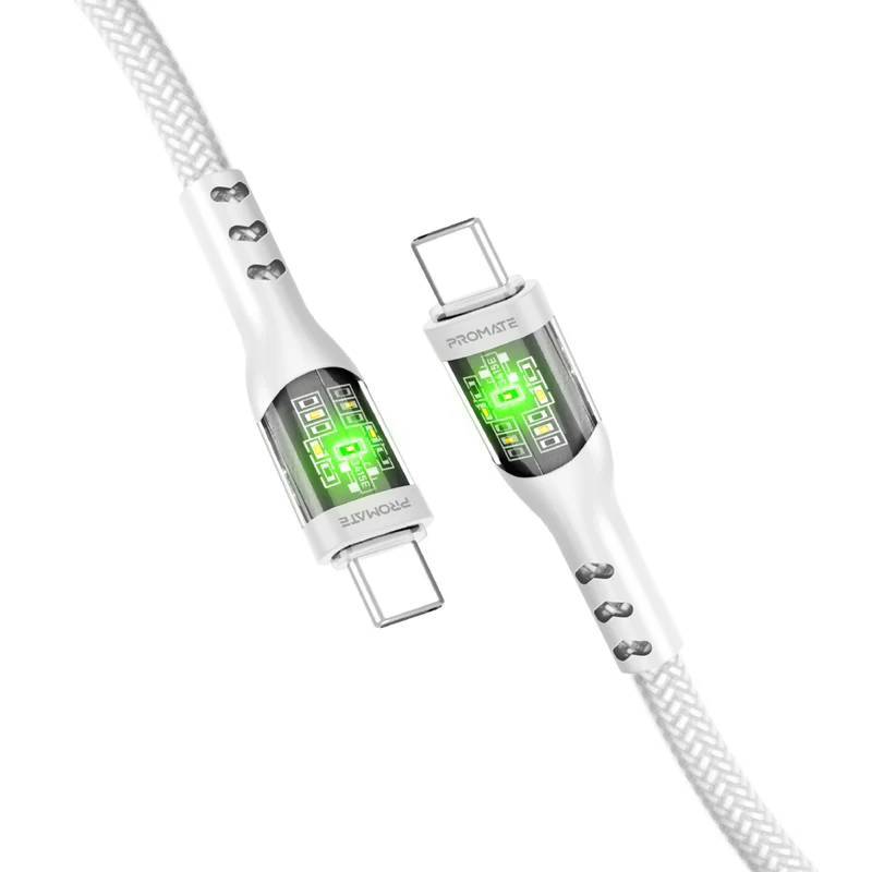 Promate 60W Power Delivery Ultra-Fast USB-C Cable with Transparent Shells - White | TransLine-CC.WHITE