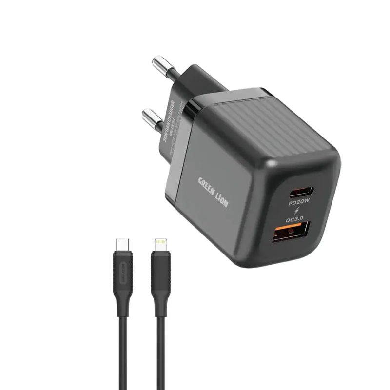 Green Lion Ultra Compact GaN Wall Charger EU Pin A+C 20W with C to L Cable | GNWPQEUCTLBK