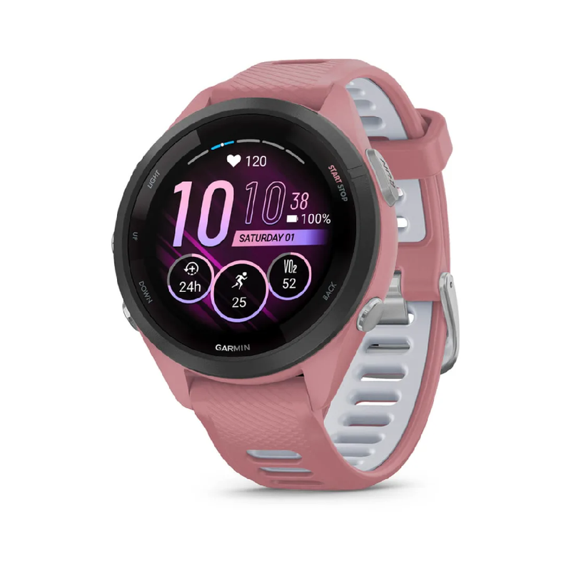 Garmin Forerunner 265S Smart Watch - Black Bezel with Light Pink Case and Light Pink/Powder Grey Silicone Band | 010-02810-15