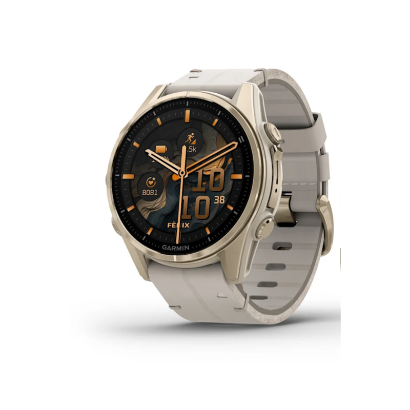 Garmin Fenix 8 Smart Watch - 43 mm, AMOLED - Sapphire, Soft Gold with Limestone Leather Band | 010-02903-40
