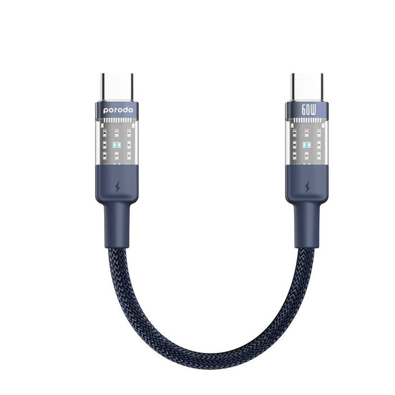Porodo Braided Cable Transparent USB-C To USB-C Fast Charge & Data 35cm - Black | PD-60WCCTH-BK