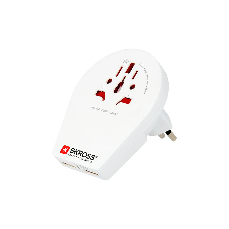SKROSS World to Europe Travel Adapter with USB – White Universal Plug Adapter | 1.500260