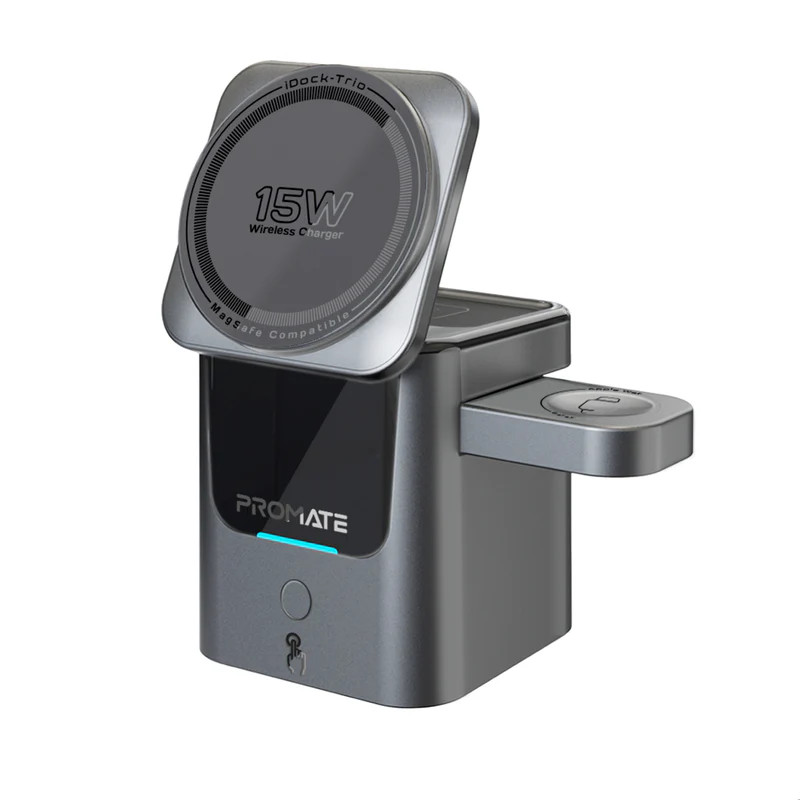 Promate Ultra-Compact Auto-Fold 15W MagSafe Compatible Wireless Charging Station | IDOCK-TRIO
