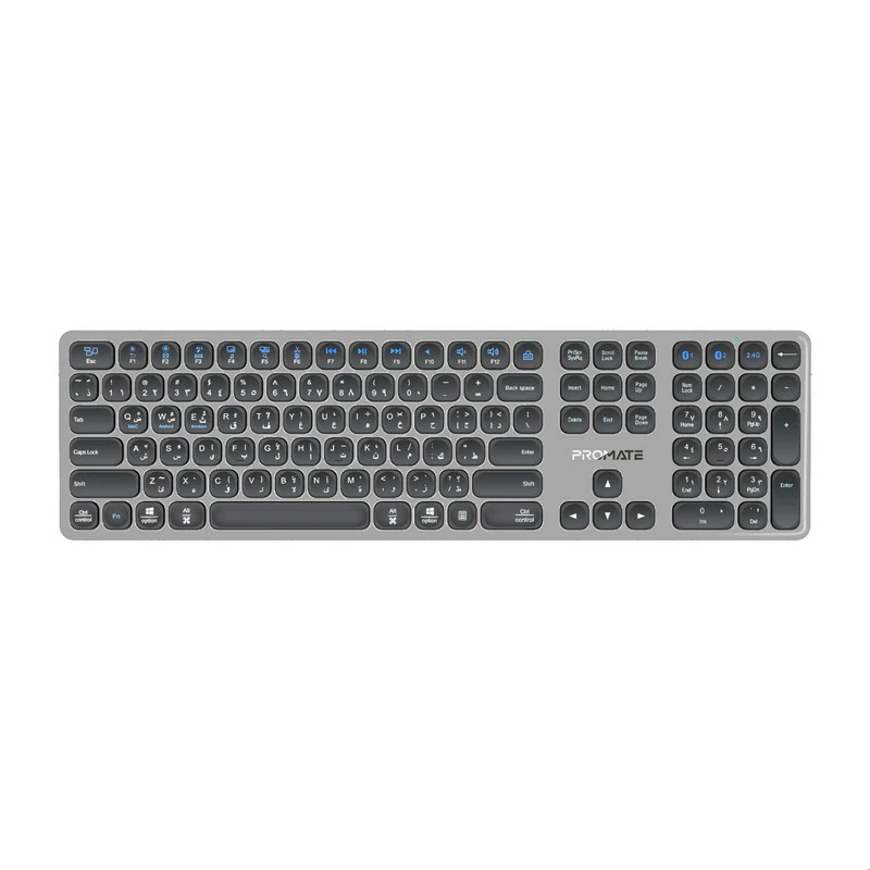 Promate ProKeys-X2 Full-Size Triple-Mode Slim Wireless Keyboard with Scissor Keys & Multi-Device Connectivity - EN/AR