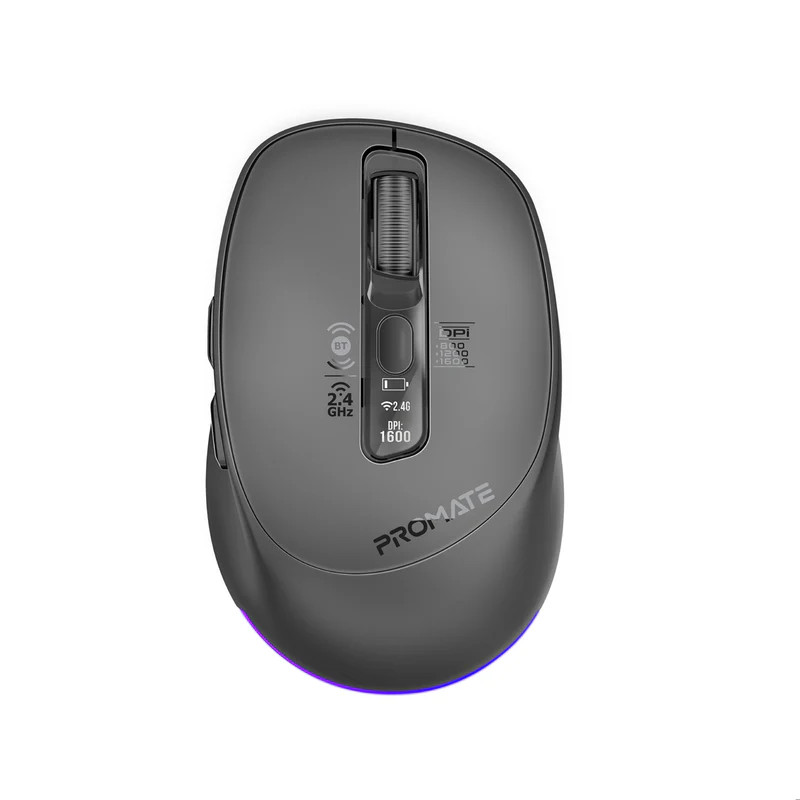 Promate Silent-Click 1600DPI Triple-Mode Rechargeable Mouse w/ Multi-Device Connectivity - Black | Blix-3M