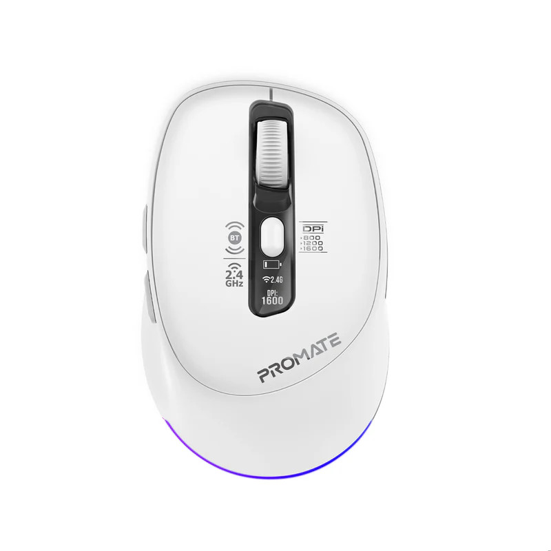 Promate Silent-Click 1600DPI Triple-Mode Rechargeable Mouse w/ Multi-Device Connectivity - White | Blix-3M