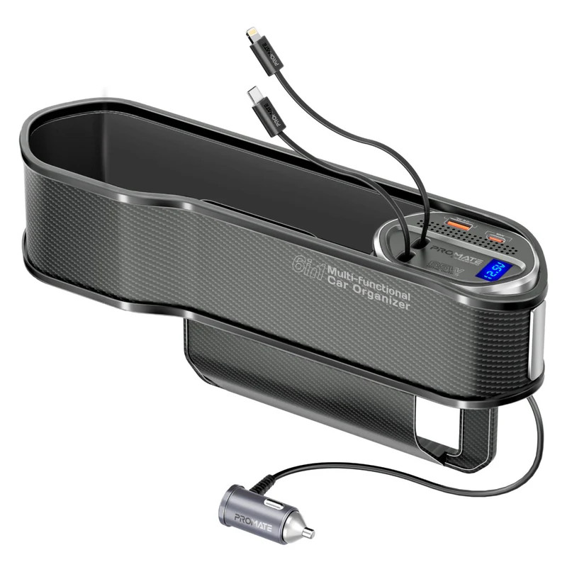 PROMATE 65W Multi‑Functional Car Organizer & Charging Station with USB‑C & Lightning Retractable Cables - Black | CarMate‑RPD