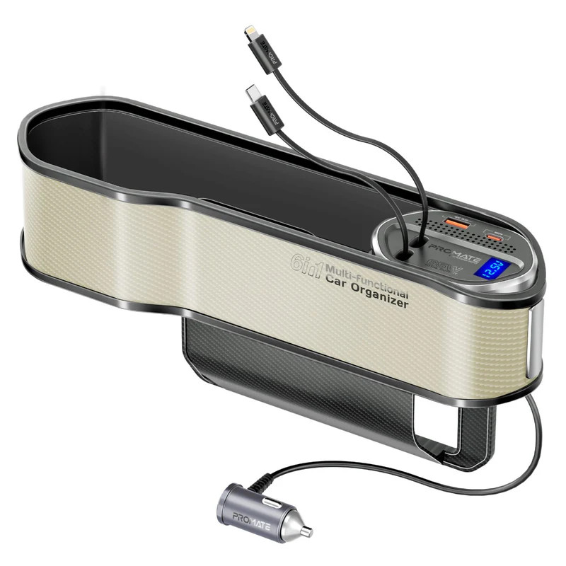 PROMATE 65W Multi‑Functional Car Organizer & Charging Station with USB‑C & Lightning Retractable Cables - Beige | CarMate‑RPD