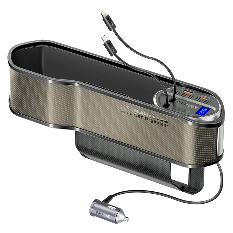 PROMATE 65W Multi‑Functional Car Organizer & Charging Station with USB‑C & Lightning Retractable Cables - Brown | CarMate‑RPD
