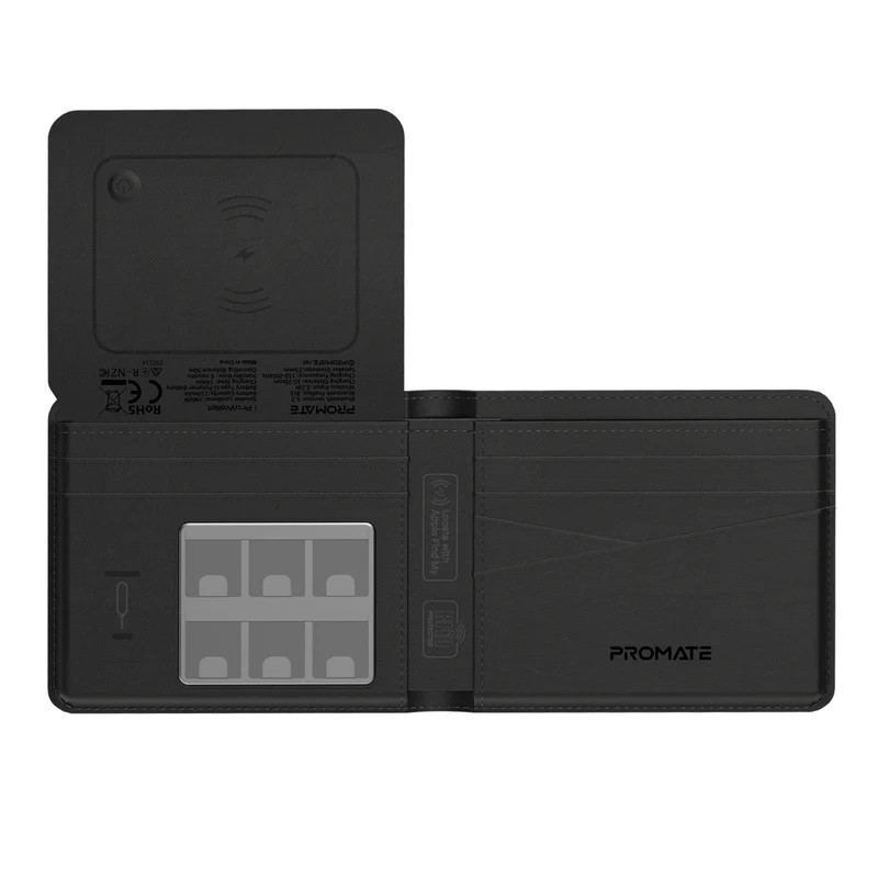 Promate Anti-Loss Slim Leather Wallet with RFID Protection & Smart Tracking - Black | ProWallet