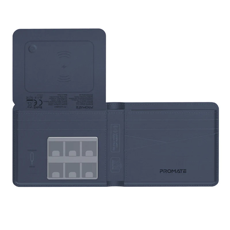 Promate Anti-Loss Slim Leather Wallet with RFID Protection & Smart Tracking - Blue | ProWallet