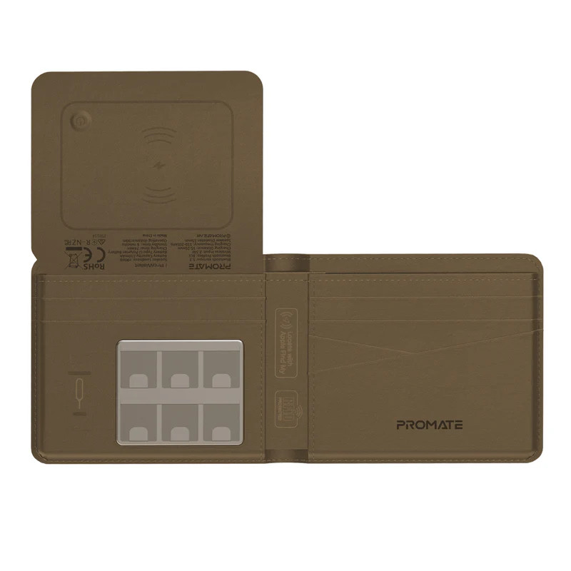 Promate Anti-Loss Slim Leather Wallet with RFID Protection & Smart Tracking - Brown | ProWallet