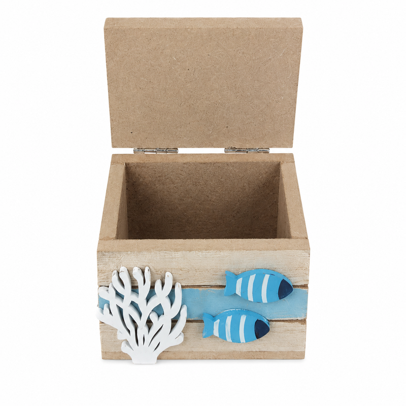 Wooden Sea-Themed Storage Box with Fish & Coral Design | C-465-WOOD
