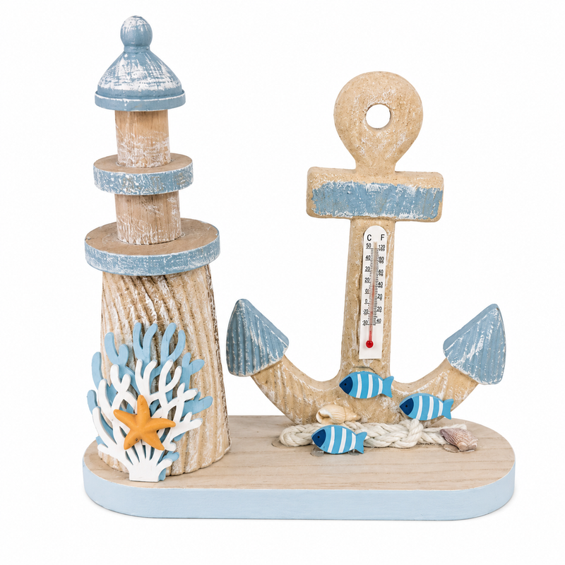 Nautical Wooden Ornament with Lighthouse & Anchor Thermometer | PH-C-466