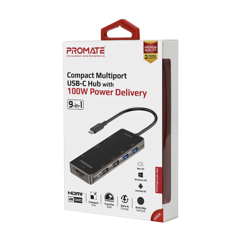 Promate 9-in-1 Compact Multiport USB-C Hub with 100W Power Delivery | PrimeHub-Go