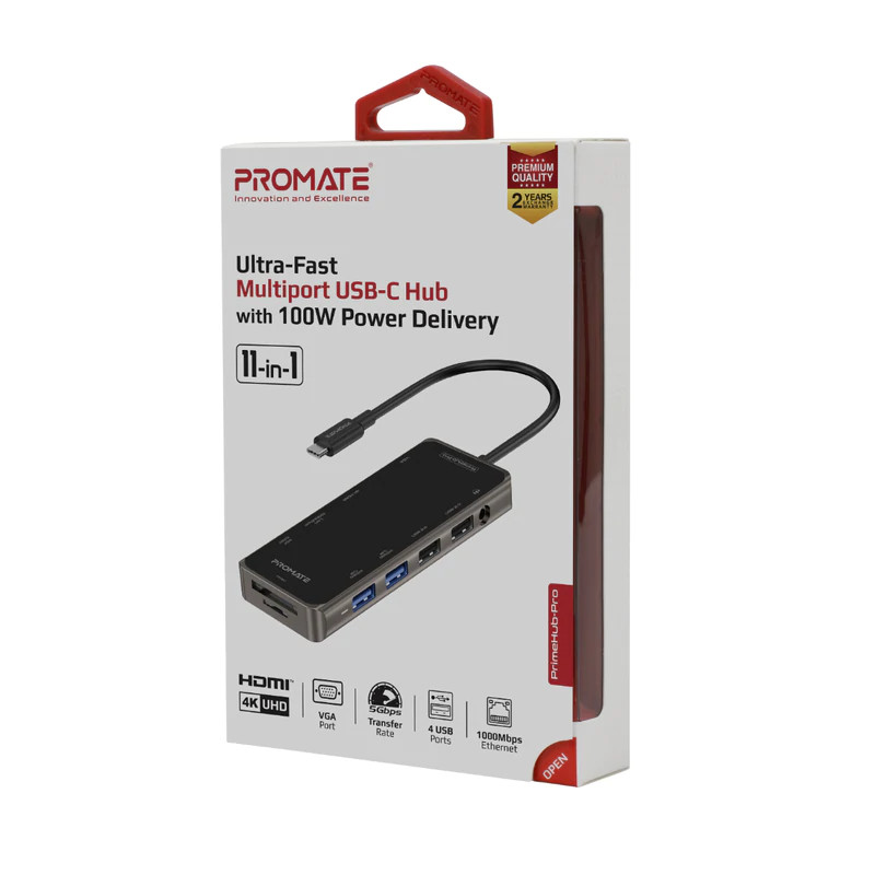 Promate 11-in-1 Ultra-Fast Multiport USB-C Hub with 100W Power Delivery | PrimeHub-Pro