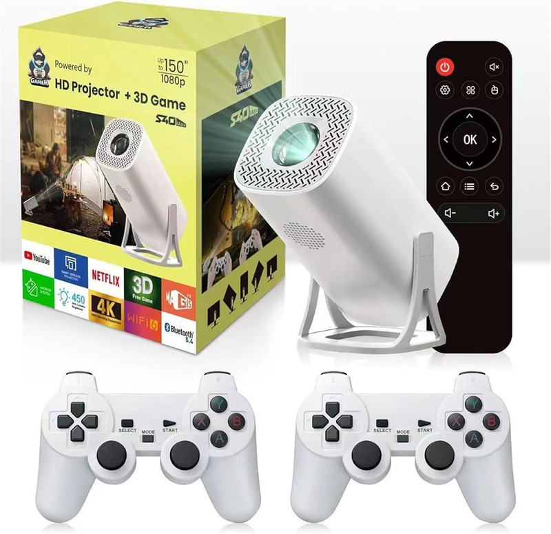 S40 Max Game Projector with 2 Wireless Controllers - 35000+ Games