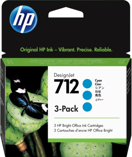 HP 712 Cyan DesignJet Ink Cartridge 3-Pack | 3ED77A