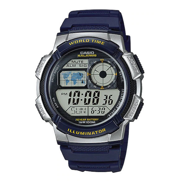 Casio Digital Men Watch Silver Case, Dark Blue Dial , Dark Blue Resin Band | AE-1000W-2AVDF