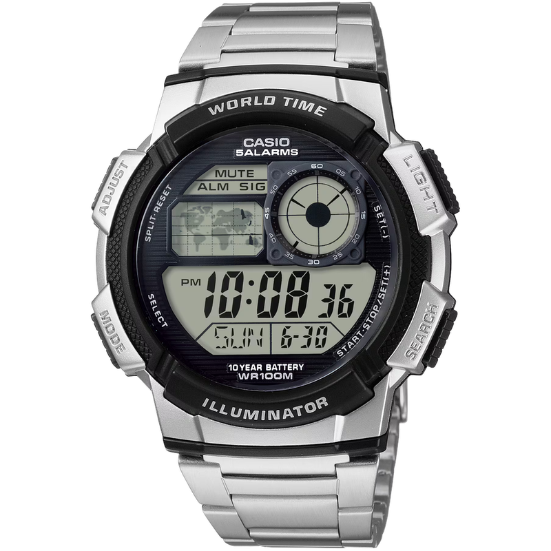 Casio Digital Men Watch Silver Case, Black Dial , Silver Stainless Steel Band | AE-1000WD-1AVDF