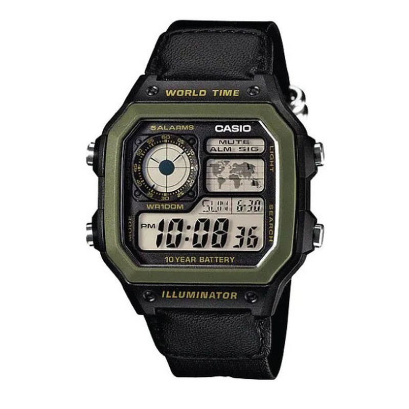 Casio Digital Men Watch Black Case, Green Dial , Black Fabric Band | AE-1200WHB-1BVDF