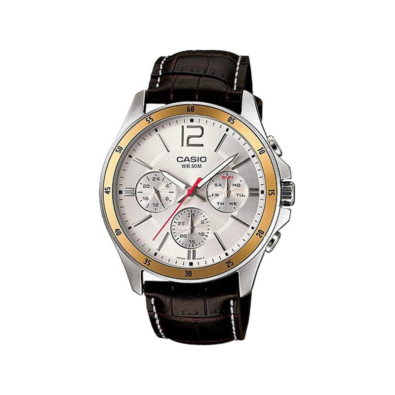 Casio Men 3h Watch Leather Strap Silver | MTP-1374L-7AVDF