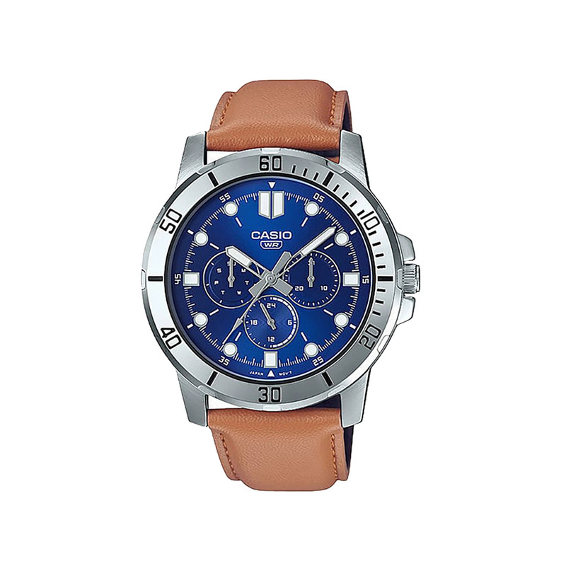 Casio Analog Watch Blue Dial Beige Leather | MTP-VD300L-2EUDF