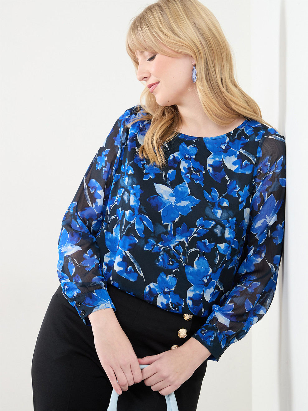 Long Sleeve Black/Blue Floral Chiffon Blouse