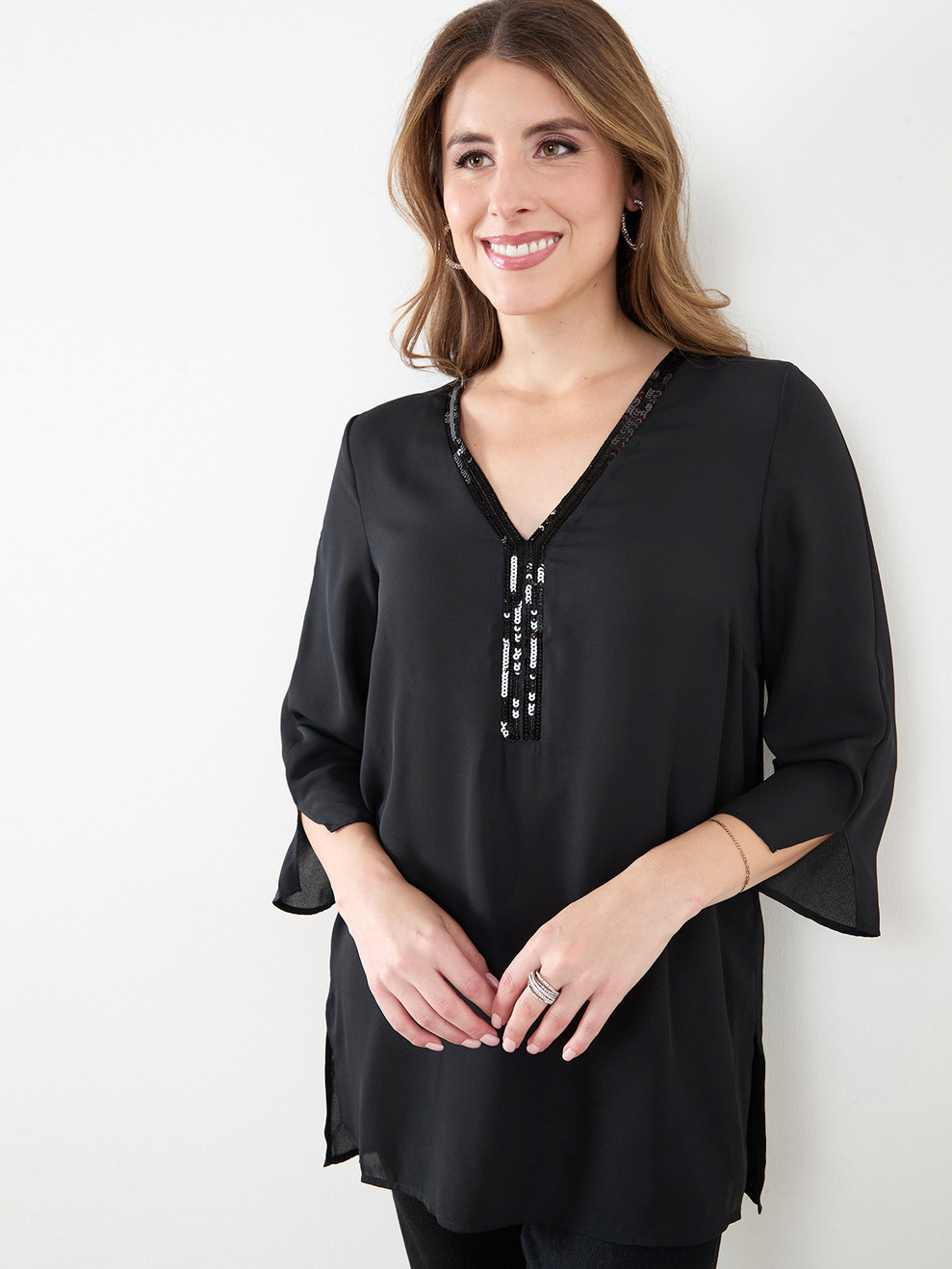Three-Quarter Sleeve Sequin Trim Tunic Blouse